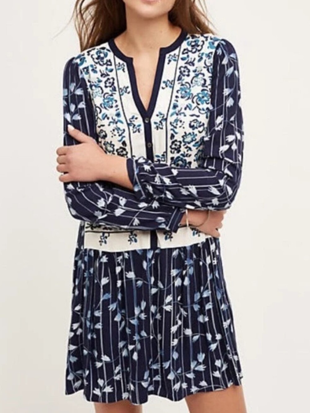 Anthropologie TINY Semele Boho Floral Embroidered Navy White Shirt Dress Size XS